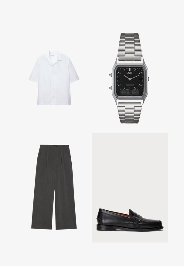 Kurzärmliges, weißes Hemd aus glattem Stoff mit klassischem Kragen und lockerer Passform. Keine sichtbaren Muster oder Akzente.; Weite Hosen aus dunkelgrauem Stoff mit einem gefalteten Vorderteil, zwei Seitentaschen und einem flachen Bund. Angenehme Textur und maßgeschneidertes Design.; Schwarze Lederloafer mit abgerundetem Zeh, gesteppten Details und einem dekorativen Riemen an der Vorderseite. Flache Sohle mit minimalem Profil.; Silberner Edelstahl-Quartz-Uhr mit schwarzem rechteckigem Zifferblatt, ausgestattet mit analogen Zeigern, digitaler Anzeige und Wasserdichtigkeitslabel.