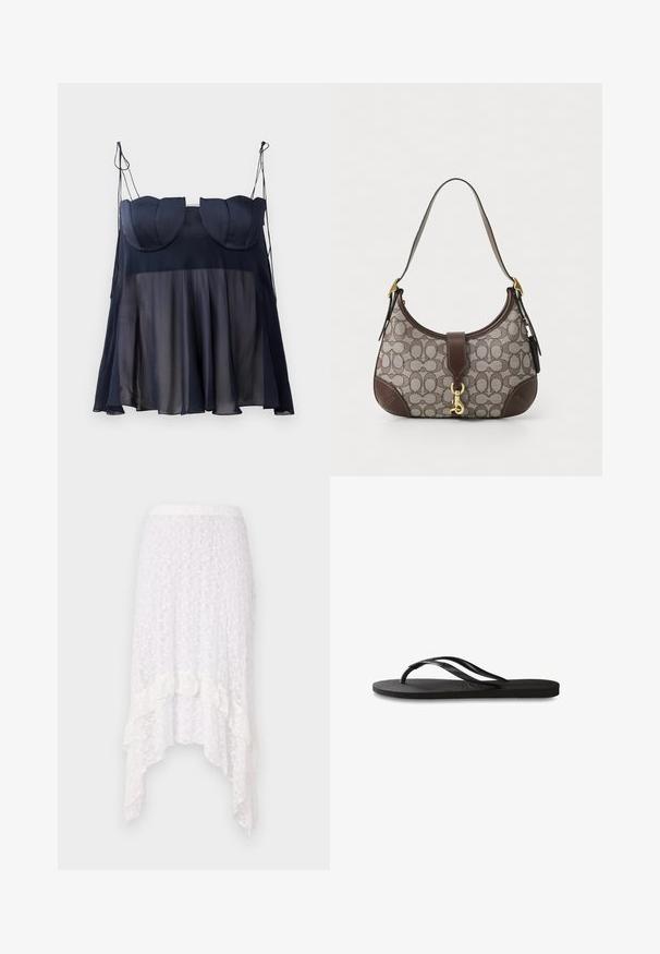 Navy blue sleeveless top with a layered design, featuring a soft, sheer lower half and structured upper with curved accents. Adjustable straps.; Lace white skirt with a textured floral pattern, high-low hem, and ruffled accents at the bottom, featuring an elastic waistband.; Black flip-flop featuring a textured rubber sole, two slender straps, and a subtle, embossed logo detail on the strap.; COACH HAMPTONS HOBO BAG IN SIGNATURE JACQUARD - Handbag - oak maple