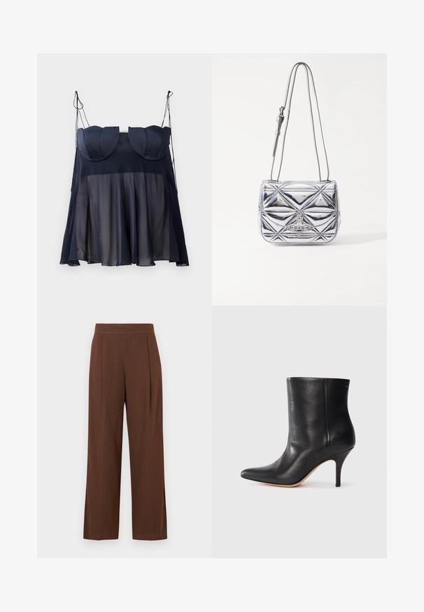 Mornarsko modra brezrokavna majica z večplastno zasnovo, ki združuje mehak, prozoren spodnji del in strukturiran zgornji del s krivuljastimi akcenti. Nastavljive naramnice.; Rjave široke hlače z gladko teksturo, z ravnim sprednjim delom in gubami. Pas je elastičen za udobje in prileganje.; Črne usnjene gležnjarje s koničastim nosom, ozkim stiletto peto in gladko teksturo. Minimalističen dizajn brez vidnih kovinskih delov ali dekoracij.; Metalna srebrna torba čez ramo, ki vključuje geometrijsko prešito obliko, ravno pokrovčko in nastavljiv trak s srebrnimi dodatki.