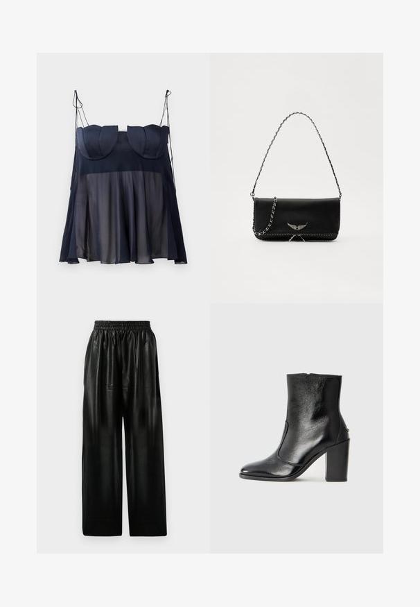 Tamsiai mėlynas be rankovių viršus su sluoksniuota dizainu, turintis minkštą, permatomą apatinę dalį ir tvirtą viršutinę dalį su kreivomis detalėmis. Reguliuojamos petnešos.; Juodos odinės plačios kelnės su elastinga juosmeniu, turinčios dvi šonines kišenes ir lygią, blizgią tekstūrą.; Juodas odinis kulkšninis batas su lygiu paviršiumi, smailiu pirštu ir masyviu aukštu kulnu. Savybė - šoninis atidarymas ir minimalistiškas dizainas.; Juodas odinis delninukas su sidabro spalvos grandinele, papuoštas dekoratyviniais sparnų akcentais ir balta siūle apačioje.