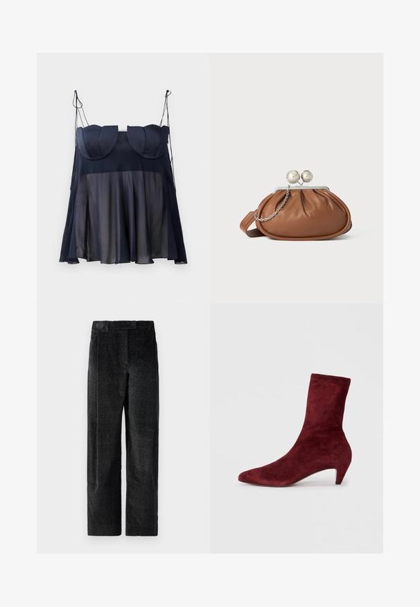 Sötétkék, ujjatlan felső, rétegelt kialakítással, puha, áttetsző alsó résszel és ívelt díszítéssel rendelkező, formázott felső résszel. Állítható pántokkal.; Fekete, textúrált, bő szárú nadrág, hangsúlyos szövettel, elülső redőkkel és lapos derékpánttal. Klasszikus dizájn, amely sokoldalúságot biztosít.; Burgundi velúr bokacsizma hegyes orral és alacsony sarokkal. Simább textúra és testre szabott dizájn, látható hardver vagy minták nélkül.; Barna bőrből készült clutch táska ezüst gömb záróval és kis ezüst lánc díszítéssel, fehér háttéren.