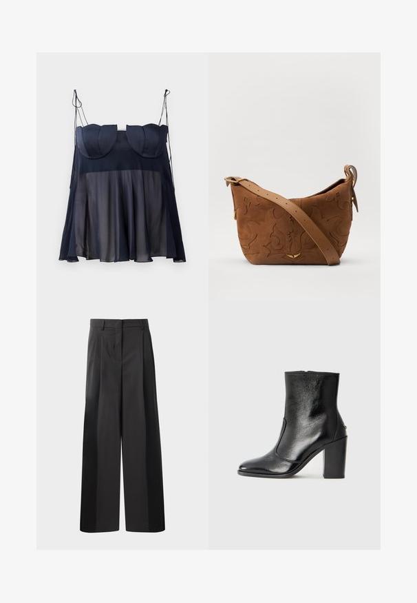 Sötétkék, ujjatlan felső, rétegelt kialakítással, puha, áttetsző alsó résszel és ívelt díszítéssel rendelkező, formázott felső résszel. Állítható pántokkal.; Fekete, bő szárú nadrág magas derékkal, elöl plissékkel, sima felülettel és igényes kidolgozással. Kényelmes viseletre tervezve.; Fekete bőr bokacipő sima textúrával, hegyes orral és vastag, magas sarkával. Oldalnyílással és minimalista dizájnnal rendelkezik.; Barna velúr válltáska, dombornyomott virágmintával, sima barna bőrpánttal és arany színű fém kiegészítőkkel.