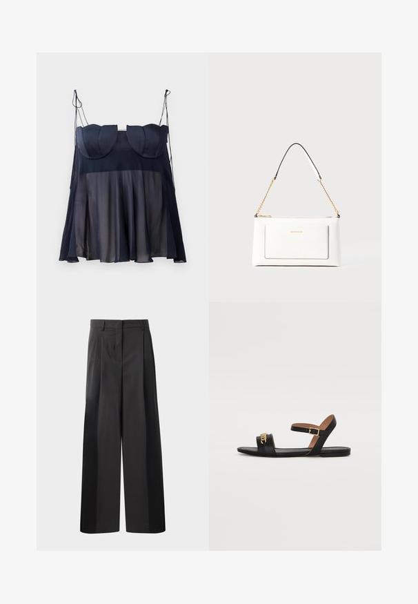 Navy blue sleeveless top with a layered design, featuring a soft, sheer lower half and structured upper with curved accents. Adjustable straps.; Black wide-leg trousers with a high waist, featuring front pleats, a smooth texture, and a tailored finish. Designed for a relaxed fit.; Black leather sandal with a flat sole, a single toe strap, and an ankle strap featuring a gold-tone buckle. Decorative chain detail on front.; White leather handbag with a textured finish, featuring a gold chain strap and black accents. Includes a front pocket and zipper closure.