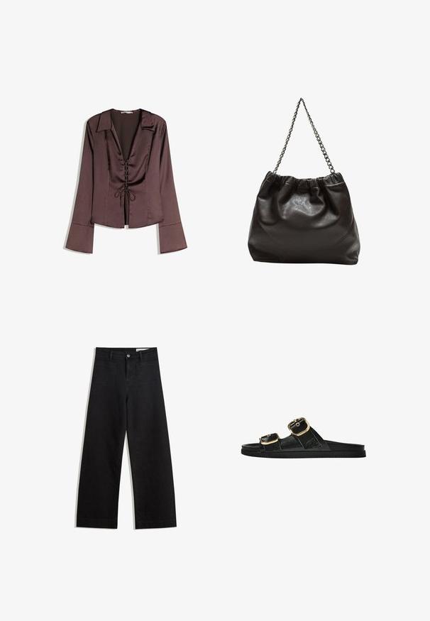 Rjava satenasta bluza z dolgimi rokavi in globokim V-izrezom, z vezanjem spredaj in razširjenimi rokavi; gladka tekstura in strukturirana zasnova.; Črne široke denim hlače z visokim pasom, ki imajo sprednje in zadnje žepe, šivane šive ter gumbasto zapiranje. Gladka tekstura.; Črne drsne sandale z dvema zlatima zaponkama, gladkega materiala, ravnim podplatom in minimalističnim dizajnom.; Rjava usnjena torba z nabranim vrhom in verižnim trakom. Gladka tekstura z sijajno površino in subtilnimi šivi na straneh.