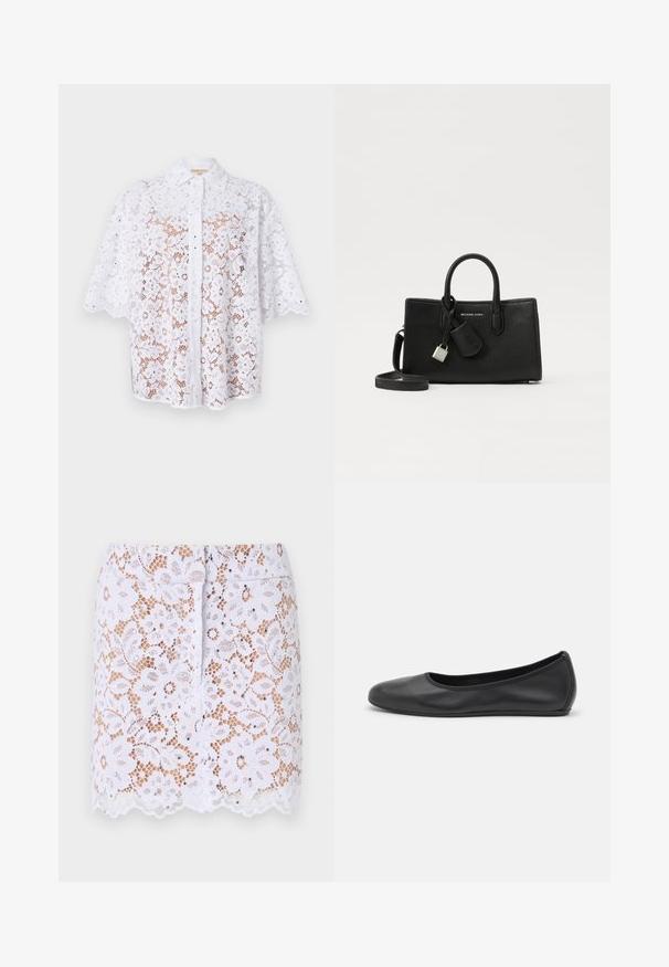 Balta nėriniuota palaidinė su apykakle, trumpomis rankovėmis, gėlių raštais ir banguotais kraštais, su mygtukų užsegimu priekio pusėje.; Balta nėriniuota sijonas su gėlių raštu, suapvalintu kraštu ir diskretiniais papuošimais. Turi prigludusį dizainą ir paslėptą užtrauktuką gale.; Juodai odiniai baletai su apvaliu pirštu, lygi texture, minimalus siuvimo detales ir lanksčiu padų dizainu.; Juoda odinė rankinė su struktūrizuotu dizainu, viršutinėmis rankenomis ir nuimamu perpetimo dirželiu. Pabrėžia metalinį užraktą ir logotipo detalę.