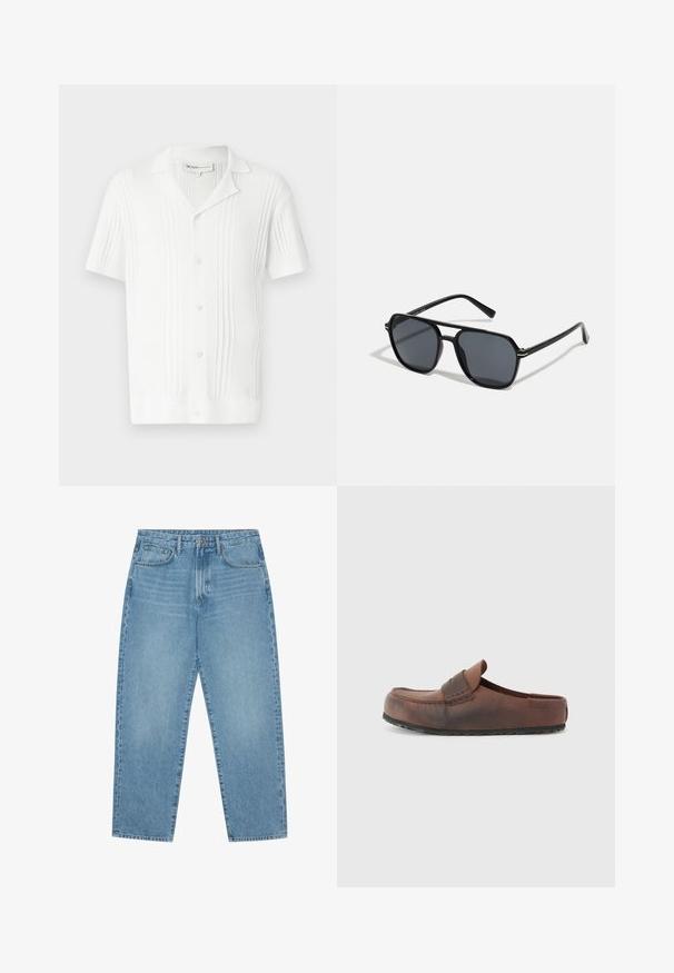 Weißes kurzärmeliges Hemd mit gerippter Textur, Knopfverschluss und Kragen. Verfügt über vertikale Streifen für zusätzlichen Detailreichtum.; Hellblaue Jeans im weit geschnittenen Stil mit hoher Taille, ausgestattet mit fünf Taschen, Gürtelschlaufen und einer weichen, leicht verblassten Textur.; Braune Leder-Slipper mit runder Spitze, dekorativen Nähten und einer strukturierten Gummisohle. Einfaches Design und minimale Akzente.; Schwarze Sonnenbrille mit achteckigem Rahmen, dunklen Gläsern, glänzender Oberfläche, dünnen Bügeln und goldenen Akzenten auf der Vorderseite.