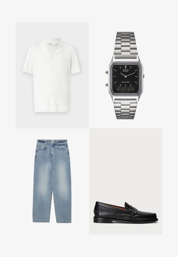 Bijela majica kratkih rukava s rebrastom teksturom, kopčanjem na gumbe i ovratnikom. Ima vertikalne pruge za dodatni detalj.; Svijetloplave traperice s širokim krojem, ravnim nogavicama, pet džepova i kopčanjem na gumbe u struku. Glatka tekstura.; Crne kožne mokasine s zaobljenim vrhom, prošivom detalja i dekorativnom trakom preko prednje strane. Ravni potplat s minimalnim profilom.; Srebrni kvarcni sat od nehrđajućeg čelika s crnim pravokutnim brojčanikom, koji ima analogne kazaljke, digitalni zaslon i oznaku otpornosti na vodu.