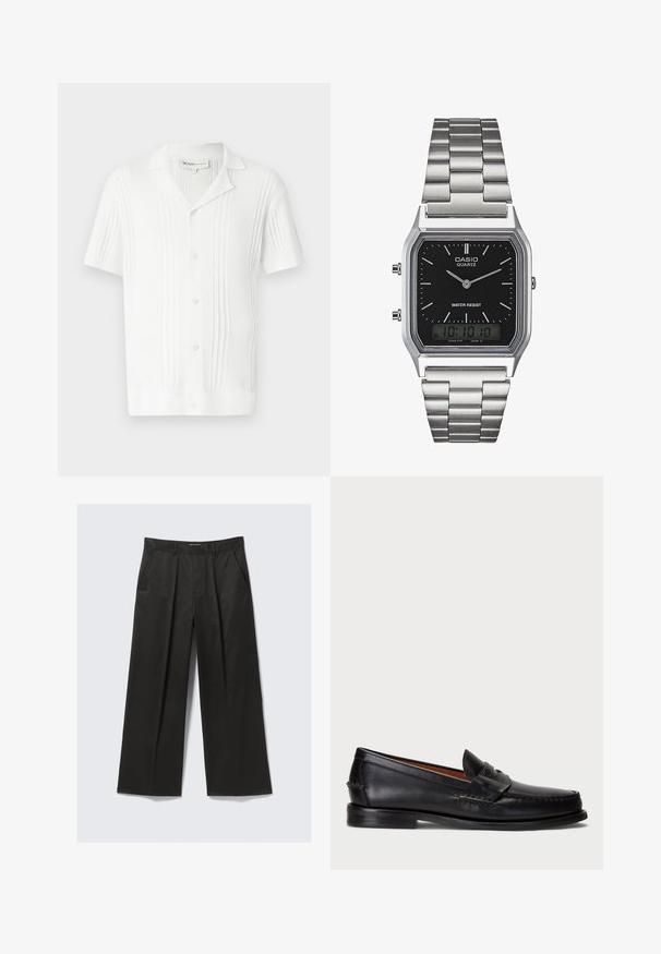 Weißes kurzärmeliges Hemd mit gerippter Textur, Knopfverschluss und Kragen. Verfügt über vertikale Streifen für zusätzlichen Detailreichtum.; Schwarze weit geschnittene Hose mit glatter Textur, ausgestattet mit zwei frontalen Taschen und einem leicht erhöhten Bund.; Schwarze Lederloafer mit abgerundetem Zeh, gesteppten Details und einem dekorativen Riemen an der Vorderseite. Flache Sohle mit minimalem Profil.; Silberner Edelstahl-Quartz-Uhr mit schwarzem rechteckigem Zifferblatt, ausgestattet mit analogen Zeigern, digitaler Anzeige und Wasserdichtigkeitslabel.