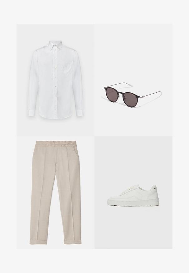 Fehér, hosszú ujjú, pamut ing, gombos gallérral, egyetlen mellzsebbel és sima textúrával.; Filippa K TERRY CROPPED TROUSERS - Nadrágok - sage melange; Fehér bőr sportcipő sima felülettel, kerek orral, lapos fűzőkkel és texturált talppal. Finom logó található a sarokon.; Fekete kerek napszemüveg sötét lencsékkel és karcsú fém szárakkal. Átlátszó szárvégeket és ezüst részleteket tartalmaz az ívnél. Minimalista dizájn.