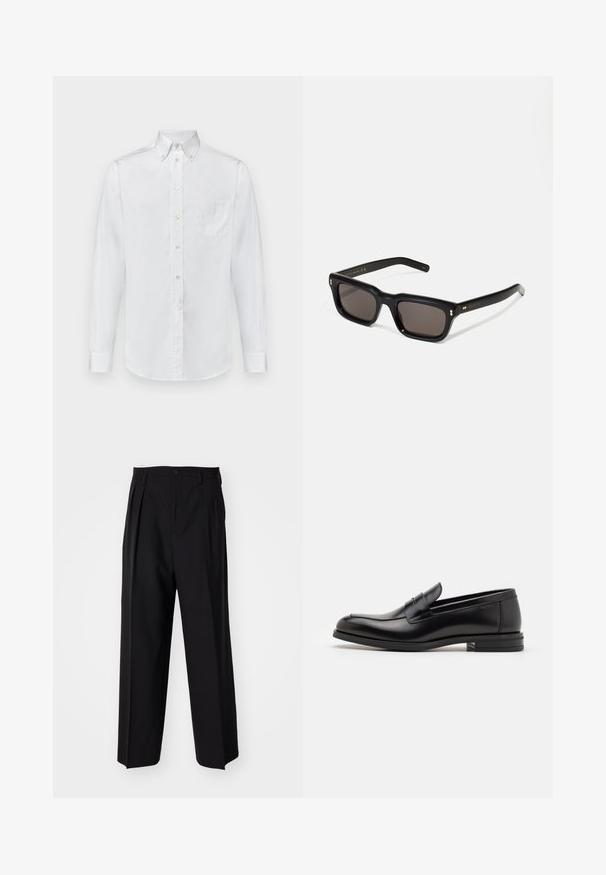 Cămașă albă cu mâneci lungi din bumbac, cu guler tip button-down, un singur buzunar pe piept și o textură netedă.; Pantaloni negri plisat cu un design drept și pantaloni largi. Construiți dintr-un material neted, prevăzuți cu închidere cu nasture și bucle pentru curea.; Mocasini din piele neagră cu o textură netedă, vârf rotund și o curea decorativă peste partea superioară. Toc mic, design minimalist.; Ochelari de soare negri, rectangul care au lentile întunecate, ramă din plastic gros, accente aurii pe brațe și logo-ul brandului gravat pe mâner.; Cravat neagră realizată dintr-un material neted, având o lungime standard și vârf ascuțit. Cravata dispune de un bucluc pentru o purtare și ajustare ușoară.