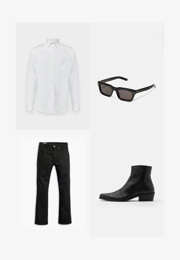 Biała koszula z długim rękawem, wykonana z bawełny, z kołnierzykiem zapinanym na guziki, pojedynczą kieszenią na piersi oraz gładką teksturą.; Czarne dżinsy o prostym kroju nogawki, pięcioma kieszeniami, metalowym zapięciem na guzik oraz subtelnymi detalami przeszycia. Gładka tekstura i jednorodny kolor.; Czarne skórzane botki za kostkę z ostrym noskiem, minimalnymi detalami szwów, średniej wysokości obcasem blokowym i gładkim, wypolerowanym wykończeniem.; Czarne prostokątne okulary przeciwsłoneczne z ciemnymi soczewkami, grubą plastikową oprawą, złotymi akcentami na zausznikach oraz wygrawerowanym logo marki na ramieniu.