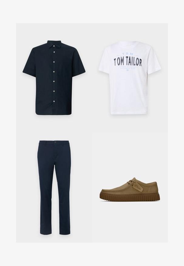 Tamsiai mėlynos spalvos medvilninė trumpomis rankovėmis marškiniai su apykakle, kuri susisega mygtukais ir baltais mygtukais. Lygi tekstūra, tiesus kirpimas ir be raštų.; Balta medvilninė marškinė su apvaliu iškirpimu ir trumpomis rankovėmis. Ant jų yra mėlynai ir juodai spausdintas tekstas: „TOM TAILOR“, „HAVANOS GATVĖS“ ir skaičiai.; Tamsiai mėlyni chinos kelnių iš lygaus audinio. Tiesaus kirpimo dizainas su vienu mygtuko uždarymu ir diržo kilpelėmis. Be matomų raštų ar akcentų.; Šviesiai rudos zomšinės bateliai su apvaliu pirštu, siuvinėjimo detalėmis ir raguota ruda guma. Su šonine etikete su "Clarks" logotipu.