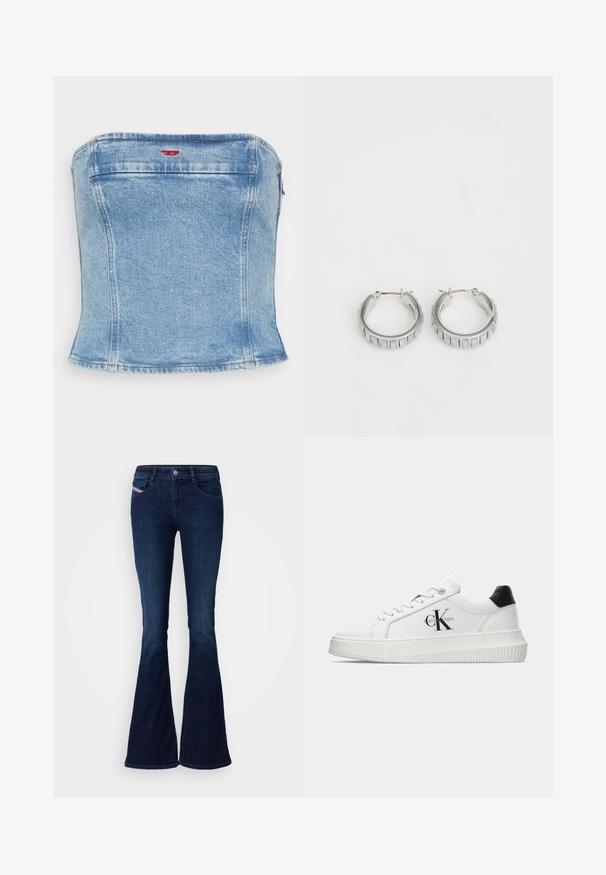 Jasnoniebieski dżinsowy top w formie kroplowej o dopasowanym kroju, z prostym cięciem i subtelnymi przeszyciami. Zamek błyskawiczny z tyłu.; Ciemnoniebieskie dżinsy w kształcie dzwonów o gładkiej teksturze denimu, z przednimi kieszeniami, zapięciem na guzik oraz subtelną metką marki z boku.; Białe sneakersy typu low-top z czarnym paskiem na pięcie, platformą, sznurowadłami i logo "CK" marki Calvin Klein na boku.; Srebrne kolczyki w kształcie obręczy o teksturowanym wzorze z pionowymi żłobieniami. Okrągły kształt z pewnym zapięciem. Gładkie wykończenie.