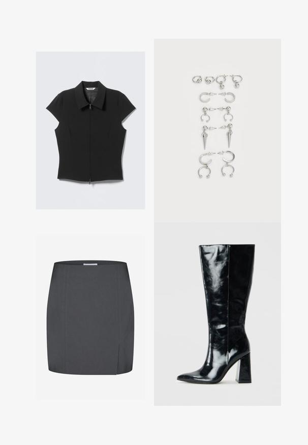 Black fitted short-sleeve blouse with a front zipper and wide collar, laid flat on a white background.; Envii SPLIT - Pencil skirt - grey; Black knee-high boots made of glossy leather, featuring a pointed toe and a chunky geometric heel with a smooth texture.; Set of silver earrings featuring various designs: hoops, studs, and dangling styles, with ball accents and pointed elements.