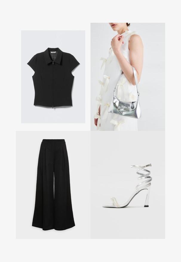 Blusa negra ajustada de manga corta con cremallera frontal y cuello amplio, extendida sobre un fondo blanco.; Pantalones negros de pierna ancha hechos de una tela suave, con pliegues frontales y una cintura alta, que garantizan una silueta fluida.; Sandaia de tacón alto plateada con un diseño de tira brillante, que cuenta con un acento similar a una perla y una correa en espiral en el tobillo para un ajuste seguro.; Bolso de mano metálico plateado con forma estructurada, que presenta un asa superior y un detalle de lazo en el frente. Textura suave y acabado reflectante.