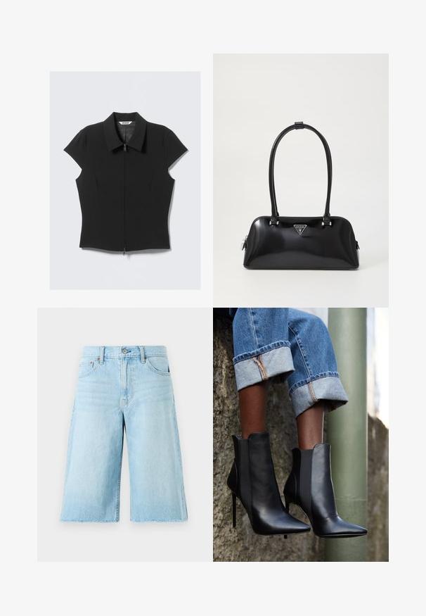 Czarna dopasowana bluzka z krótkim rękawem, z suwakiem z przodu i szerokim kołnierzem, ułożona płasko na białym tle.; Jasnoniebieskie dżinsowe szorty o luźnym kroju, strzępiony dół, pięć kieszeni i metalowe okucia. Klasyczny design dżinsów z delikatnym postarzeniem.; Czarne skórzane botki za kostkę z wydłużonym noskiem, wysokimi szpilkami i elastycznymi panelami bocznymi. Noszone z dżinsami niebieskimi z podwiniętymi nogawkami.; Czarna, błyszcząca torebka o zaokrąglonym kształcie, z dwoma uchwytami i przednią tabliczką logo. Zamek błyskawiczny oraz błyszczące akcenty metalowe.; Srebrne kolczyki w kształcie obręczy z gładkim, wypolerowanym wykończeniem. Okrągły kształt z lekko zakrzywionym wzornictwem i zaokrąglonymi krawędziami. Zapięcie na szpilkę.