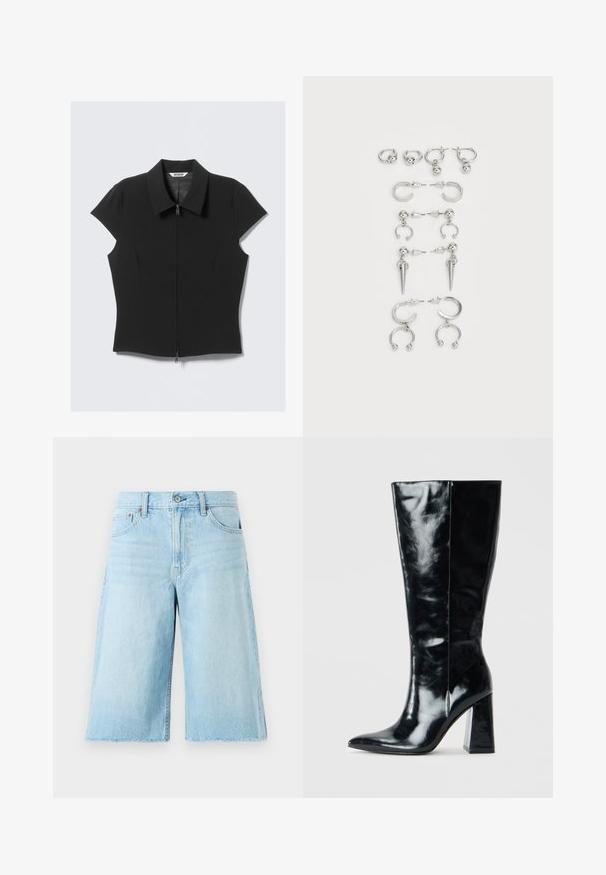 Juoda prigludusi trumpa rankovė palaidinė su priekiniais užtrauktukais ir plačiu apykakle, padėta ant balto fono.; Šviesiai mėlynos džinsinės šortai su laisvu siluetu, nusidėvėjusiu kraštu, penkiomis kišenėmis ir metaliniais detalėmis. Klasikinio džinsų dizaino su subtiliu išblukimu.; Juodos aukštos iki kelių batai iš blizgaus odos, su spiginiu nosimi ir storu geometriniu kulnu su lygiu tekstūru.; Sidabro auskarų rinkinys, kuriame yra įvairių dizainų: žiedai, studai ir kabančios stiliai, su rutuliukų akcentais ir smailiais elementais.