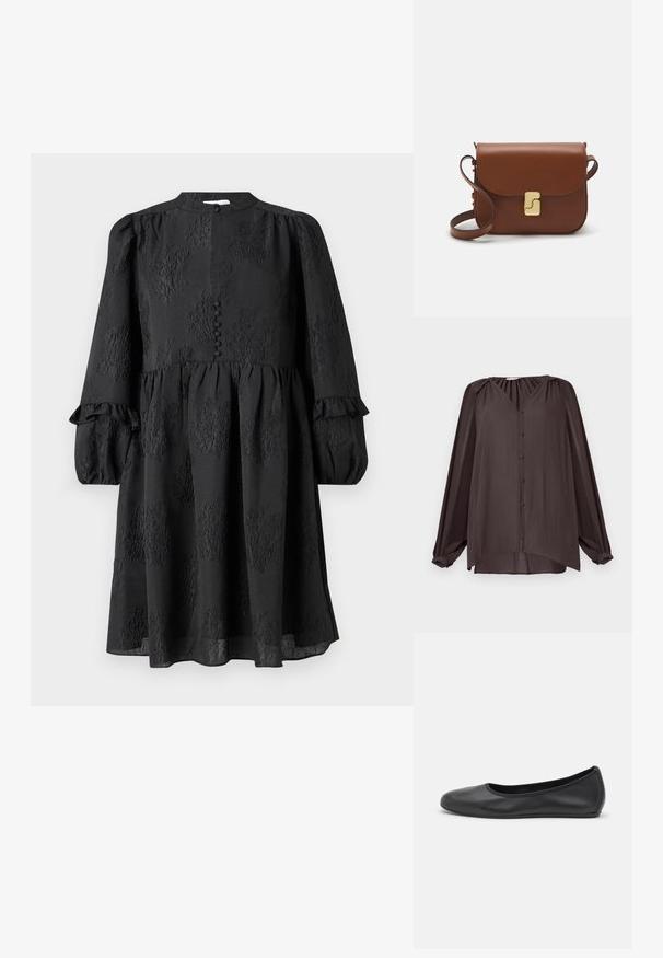 Camicia a maniche lunghe, con scollo a V, realizzata in tessuto liscio e strutturato. Colore marrone scuro con bottoni frontali e dettagli arricciati sulle spalle, orlo asimmetrico.; Hofmann Copenhagen ERLA - Vestito casual - black; Pantofole da balletto nere in pelle con punta arrotondata, texture liscia, dettagli di cucitura minimi e design con suola flessibile.; Borsa a tracolla in pelle marrone con chiusura a pattina, hardware color oro, tracolla e una finitura liscia. Forma rettangolare compatta.