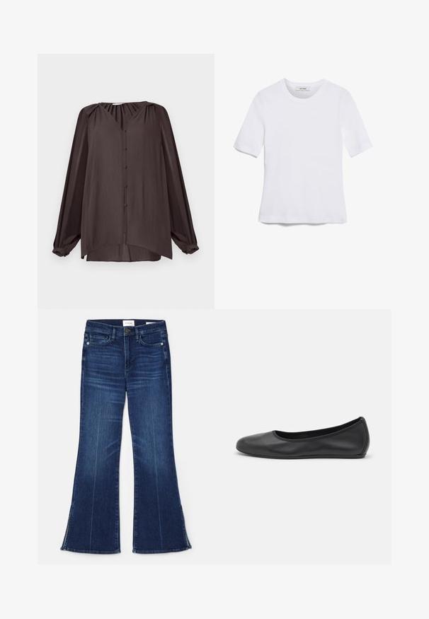 Langärmliges, V-Ausschnitt-Shirt aus glattem, strukturiertem Stoff. Dunkelbraune Farbe mit Knöpfen auf der Vorderseite und gerafftem Schulterdetail, asymmetrischer Saum.; Weißes kurzärmliges T-Shirt aus geripptem Stoff. Runder Halsausschnitt, normale Passform und dezente Nähte. Keine Muster oder Grafiken.; Dunkelblaue, ausgestellte Jeans aus Denim. Mit hoher Taille, vorderen Taschen und Schlitzen am Saum. Klassisches Fünf-Taschen-Design.; Schwarze Leder-Ballettschuhe mit abgerundeter Spitze, glatter Textur, minimalen Nähdetails und einem flexiblen Sohlen-Design.
