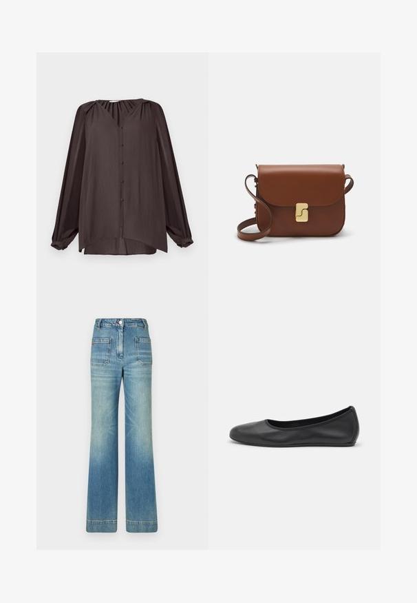 Koszula z długim rękawem, dekoltem w kształcie litery V, wykonana z gładkiego, teksturowanego materiału. Ciemnobrązowy kolor, z guzikami z przodu i marszczonym detalem na ramionach, asymetryczne wykończenie.; Biała koszulka krótki rękaw wykonana z materiału prążkowanego. Okrągły dekolt, regularny krój i subtelne detale szwów. Bez wzorów ani grafik.; Jasnoniebieskie dżinsy w kształcie dzwonów z pięcioma kieszeniami, szlufkami na pasek, zapięciem na guzik i lekko wyblakłą teksturą, z czerwonym logotypem na tyle.; Czarne skórzane baletki z zaokrąglonym noskiem, gładką fakturą, minimalnymi przeszyciami i elastycznym designem podeszwy.; Brązowa skórzana torebka na ramię z klapką, złotymi detalami, paskiem na ramię i gładką teksturą. Kompaktowy prostokątny kształt.