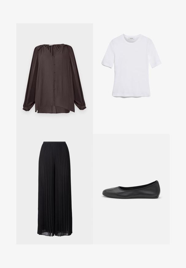 Halenka s dlouhým rukávem a výstřihem do V, vyrobená z hladké, strukturované tkaniny. Tmavě hnědá barva s předními knoflíky a nařasenými detaily na ramenou, asymetrický lem.; Bílá tričko s krátkým rukávem vyrobené z žebrované tkaniny. Kulatý výstřih, normální střih a jemné detaily šití. Bez vzorů nebo grafik.; Černé plisované kalhoty s širokými nohavicemi a elastickým pasem. Vyrobené z lehkého materiálu s vertikálními záhyby po celé délce.; Černé kožené baletní byty s kulatou špičkou, hladkou texturou, minimálními švy a flexibilním designem podrážky.