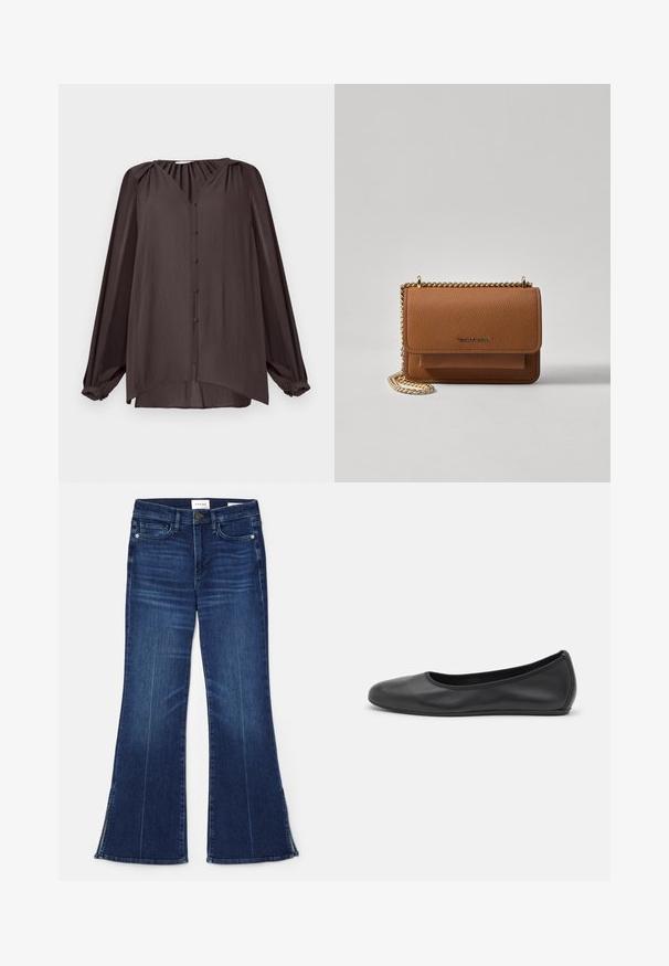 Chemise à manches longues en V, en tissu lisse et texturé. Couleur brun foncé avec des boutons sur le devant et un détail épaule froncé, ourlet asymétrique.; Jean évasé bleu foncé en denim. Il présente une taille haute, des poches avant et des fentes au bas. Design classique à cinq poches.; Ballerines en cuir noir avec un bout rond, texture lisse, détails de couture minimalistes et design de semelle flexible.; Sac en cuir texturé marron en bandoulière avec une sangle en chaîne dorée et une fermeture à rabat. L'avant présente un détail de logo et une poche sous le rabat.