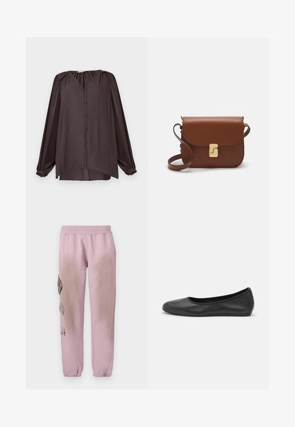 Koszula z długim rękawem, dekoltem w kształcie litery V, wykonana z gładkiego, teksturowanego materiału. Ciemnobrązowy kolor, z guzikami z przodu i marszczonym detalem na ramionach, asymetryczne wykończenie.; Różowe dresy z elastycznym pasem, zdobione dekoracyjnymi łatkami w kształcie diamentów po lewej stronie oraz elastycznymi mankietami na kostkach.; Czarne skórzane baletki z zaokrąglonym noskiem, gładką fakturą, minimalnymi przeszyciami i elastycznym designem podeszwy.; Brązowa skórzana torebka na ramię z klapką, złotymi detalami, paskiem na ramię i gładką teksturą. Kompaktowy prostokątny kształt.