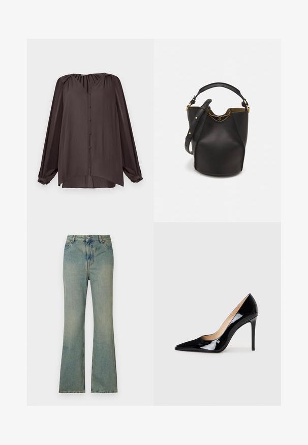 Majica z dolgimi rokavi in V-izrezom, izdelana iz gladkega, teksturiranega materiala. Temno rjava barva z gumbi spredaj in nabranimi rameni, asimetričen rob.; Svijetloplave traper hlače s proširenim nogavicama i visokim strukom, pet džepova i patentnim zatvaračem. Čist, izbjeljeni izgled s suptilnim detaljima šivanja.; Črne patent usnjene visoke pete s koničastim dizajnom in elegantno silhueto. Imajo gladko, sijočo površino in ozko stiletto peto.; Črna usnjena torba v obliki kante z teksturirano površino, z zlatimi kovinskimi detajli in odprtim vrhom. Ima kratek ročaj in prilagodljiv ramenski trak.
