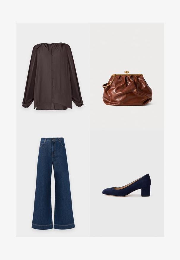 Majica dugih rukava s V-izrezom, izrađena od glatkog, teksturiranog materijala. Tamnosmeđa boja s prednjim gumbima i naborima na ramenima, asimetričnim rubom.; Široke plave traperice s visokim strukom, s kopčanjem na gumbe, petljama za remen i suptilnim detaljima šavova duž džepova i rubova.; Tamno plava suede salonka s šiljastim vrhom i blok petom srednje visine. Glatka tekstura s blagim sjajem i malim izrezom sprijeda.; Smeđa kožna torbica s zlatnim okvirom i kratkom zlatnom lancem, koja se odlikuje mekanom, naboranom teksturom na bijeloj pozadini.