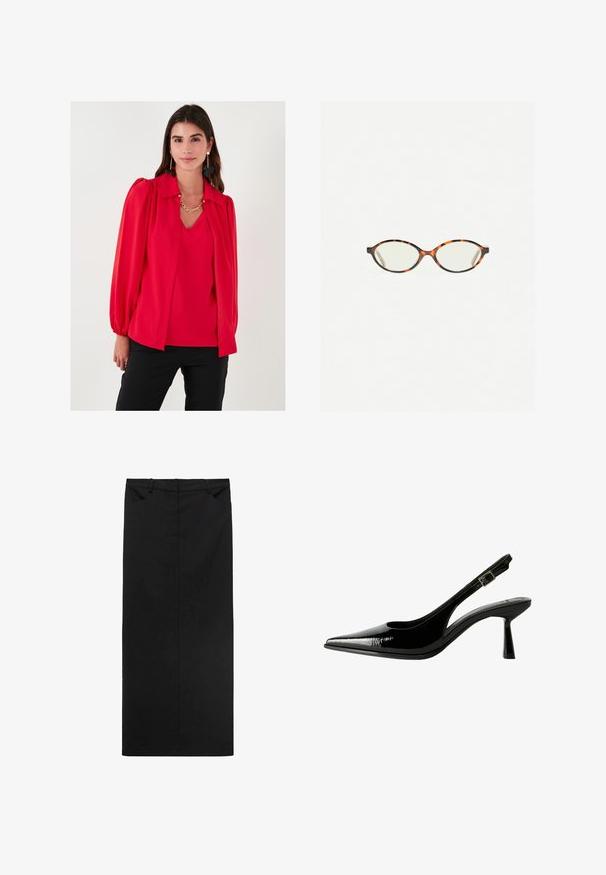 Crvena bluzica s ovratnikom, balon rukavima, glatkom teksturom, složenim dizajnom i v-izrezom. Nosi se preko usklađene majice. Crne hlače.; Crna midi suknja od glatkog materijala s ravnim krojem, koja ima pojas i dva prednja džepa. Minimalistički dizajn bez uzoraka.; Crne lakovane kožne cipele s otvorenom petom, šiljastim vrhom, izrezanim stranama, podešavajućom naramenicom i tankim, elegantnim potplatom.; Naočale u boji kornjače s ovalnim staklima i elegantnim, glatkim završetkom. Imaju tanke strane s suptilnom krivuljom na sljepoočnicama. Prozirna stakla.