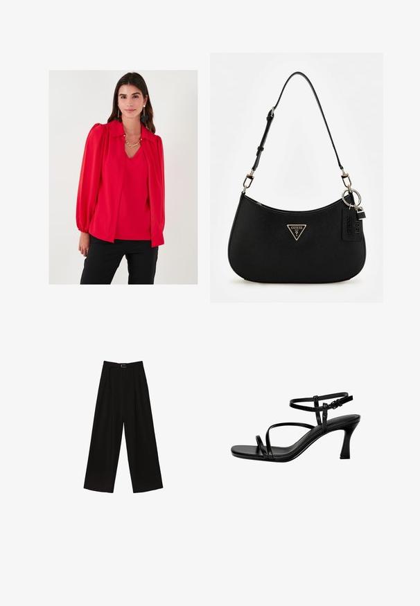 Red blouse with a collared neck, balloon sleeves, smooth texture, layered design, and v-neck. Worn over a coordinating top. Black pants.; Black wide-leg trousers with a high waist, featuring a belt at the waist and pleats for texture. Made from a smooth, lightweight fabric.; Black leather heeled sandals featuring thin straps, a square toe, and a stiletto heel. Adjustable ankle strap for fit. Smooth texture.; Black synthetic shoulder bag with a curved silhouette, textured finish, gold triangle logo, and detachable hardware accents.