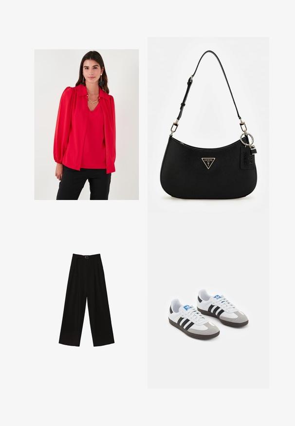 Crvena bluzica s ovratnikom, balon rukavima, glatkom teksturom, složenim dizajnom i v-izrezom. Nosi se preko usklađene majice. Crne hlače.; Crne široke hlače s visokim strukom, s pojasom u struku i plisirima za teksturu. Izrađene od glatkog, laganog materijala.; Sportske cipele s gornjištem od bijele kože, sivi suedinasti nos i tri crne pruge. Imaju plavi logo na jeziku i teksturiranu gumenu podlogu.; Crna sintetika torba za rame s zakrivljenim oblikom, teksturiranim završetkom, zlatnim trokutastim logotipom i odvojivim hardverskim naglascima.