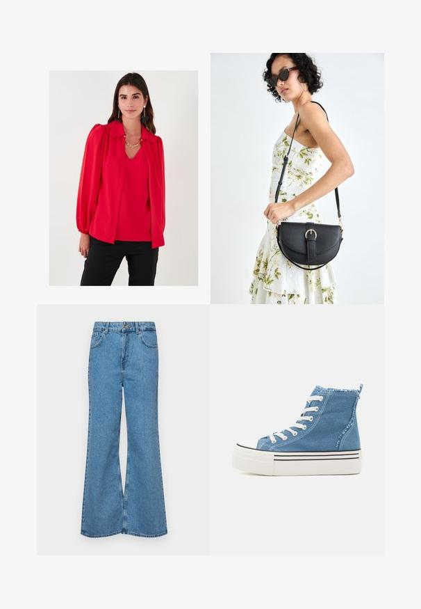 Piros blúz galléros nyakkal, ballon ujjakkal, sima textúrával, réteges kialakítással és v-nyakkal. Egy összeillő felsőre öltve. Fekete nadrág.; Világoskék, trapézszárú farmernadrág, magas derékkal, öt zsebbel és egy gombos záródással. Puha tapintású, magasított effektusú anyag.; Világos kék farmerből készült, magas szárú sportcipők fehér fűzővel. Fehér platform talppal rendelkezik fekete csíkokkal és rojtos bokakollárral.; Fekete bőrtáska ívelt formával, levehető pánttal és arany színű fémrészekkel. A táskán egy csattal díszített fedél található.