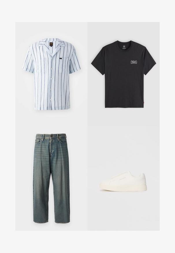 Camisa de manga curta em linho azul claro com riscas verticais em azul escuro, dois bolsos frontais, colarinho com cortes e fecho com botão.; Camiseta preta de algodão com mangas curtas e gola redonda. Apresenta uma pequena impressão gráfica branca no lado esquerdo do peito. Textura suave.; Jeans de ganga azul claro com um corte solto, cintura média e pernas retas. Apresenta cinco bolsos, passadores de cinto e fecho com botão.; Sapatilhas brancas de atacar com uma superfície texturizada, sola grossa e design minimalista. Possui o logo da marca na lateral.