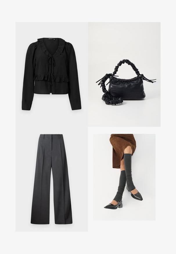 Blusa preta de mangas longas com decote e barra com volantes, apresentando um fecho de laço na frente e uma textura suave e leve.; Calças de perna larga em tecido cinza escuro, apresentando uma cintura alta, pregas simples e uma textura suave com um acabamento limpo nas bainhas.; Sapatos pretos de pele lacada com biqueira pontuda, salto bloco e tiras no tornozelo, combinados com caneleiras cinzas em malha e uma saia de camurça castanha.; Bolsa de mão em couro sintético preto com textura de crocodilo, topo franzido e alça enrugada. Apresenta um design suave e compacto.