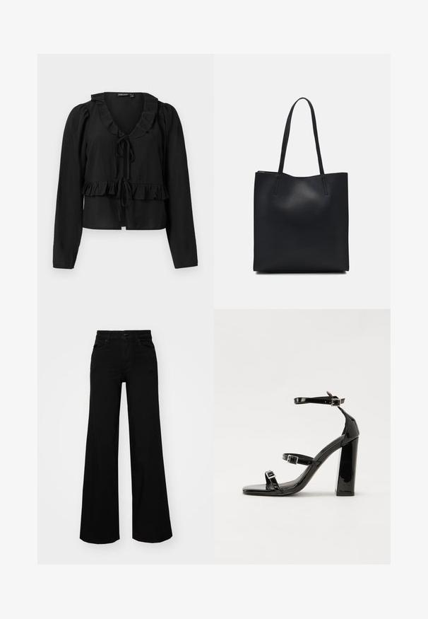 Svart langermet bluse med rynket hals og kant, med en knyte-lukking foran og en myk, lett tekstur.; Svart vide bukser laget av denim, med en strukturert midjebånd, beltestropper og frontlommer. Glatt tekstur med et klassisk design.; Svarte høyhælte sandaler i lakk med to spennestraps, firkantet tå og en tykk blokkhæl, med en glatt, blank tekstur.; Svart lær tote bag med glatt tekstur, rektangulær form og to lange håndtak. Ingen synlige deler eller dekorasjoner.