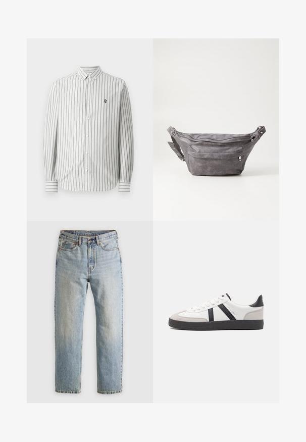 Chemise à boutons avec des rayures verticales grises et blanches. Manches longues, col standard et un petit logo sur la poitrine gauche. Matériau en coton.; Jean en denim bleu clair à taille haute, avec bouton avant, fermeture éclair et design à cinq poches, posé à plat sur un fond neutre.; Baskets blanches avec des accents noirs et gris, présentant un embout texturé gris, une semelle en caoutchouc noir et des lacets plats blancs. Design épuré, style minimaliste.; Sac banane en suède gris avec une forme arrondie, deux compartiments zippés et une sangle réglable. Comprend des accents en métal.