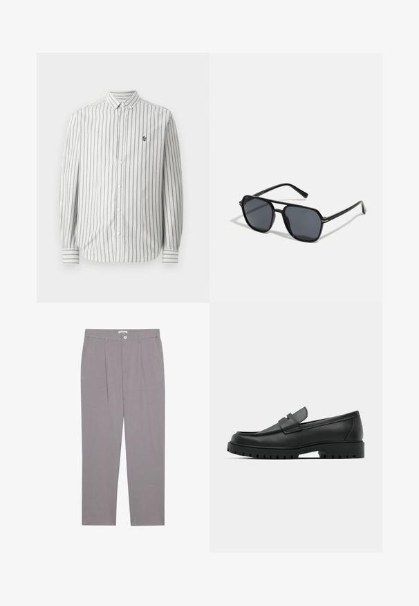 Koszula zapinana na guziki w pionowe szare i białe paski. Długie rękawy, standardowy kołnierzyk oraz małe logo na lewej piersi. Wykonana z bawełny.; Szare spodnie o prostym kroju, z dwiema przednimi kieszeniami, plisami i zapięciem na guzik. Wykonane z lekkiej tkaniny.; Czarne skórzane mokasyny z zaokrąglonym noskiem, posiadające przeszywany wzór, niską platformę oraz teksturowaną, gumową podeszwę z bieżnikiem.; Czarne okulary przeciwsłoneczne z ośmiokątną oprawką, ciemnymi soczewkami, błyszczącym wykończeniem, cienkimi zausznikami i złotymi akcentami na przodzie.