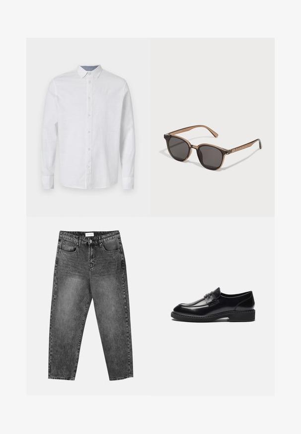 Chemise blanche à manches longues en tissu léger avec une fermeture à boutons sur le devant, un col et une texture subtile. Comprend un détail de col intérieur en contraste.; Ensemble de cinq t-shirts à manches courtes en blanc, beige, gris clair, gris foncé et noir. Fabriqués en coton doux, présentant un design à col rond.; Jean noir délavé à jambe droite avec poches avant et arrière, passants de ceinture et bouton de fermeture à la taille.; Zign LEATHER - Mocassins de ville - black; Lunettes de soleil en plastique marron avec des verres foncés, de forme arrondie et branches effilées. Ornementation notable sur les branches.; Sac de voyage noir avec des poignées épaisses et une bandoulière amovible. Fabriqué en tissu lisse, il possède une fermeture à glissière et un design minimaliste.