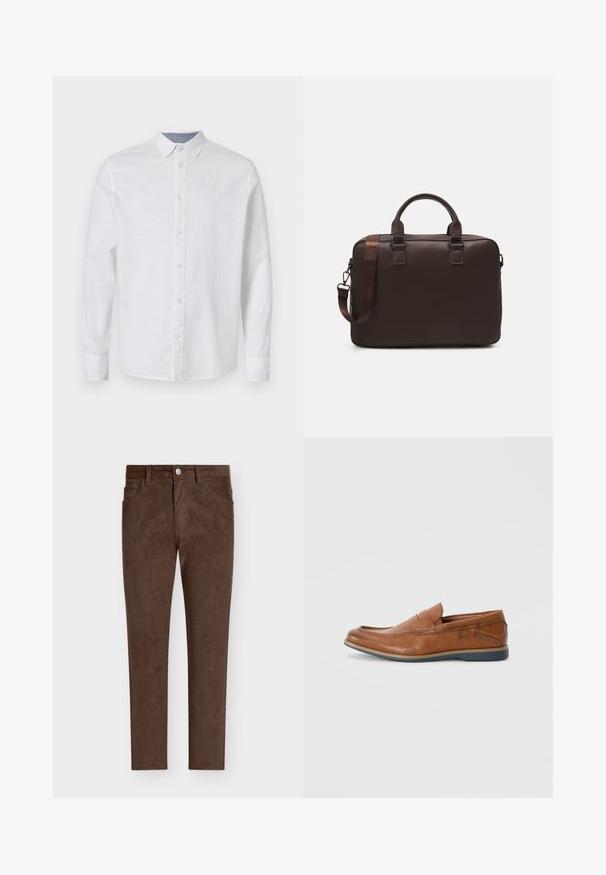 Fehér, hosszú ujjú ing könnyű anyagból, gombos elülső résszel, nyakkal és finom textúrával. Kontrasztos belső nyakkivágással rendelkezik.; Barna kordbársony nadrág egyenes szabással, gombzárral, elülső zsebekkel és függőleges bordázott textúrával az egész felületen.; Barna bőr loafer cipők, lekerekített orral, varrott részletekkel és alacsony gumitalppal. A dizájn egy sávot tartalmaz a felső részen.; Barna bőr laptop táska texturált felülettel, dupla felső fogantyúval, állítható pánttal és két elülső csattal a részletek fokozásáért.