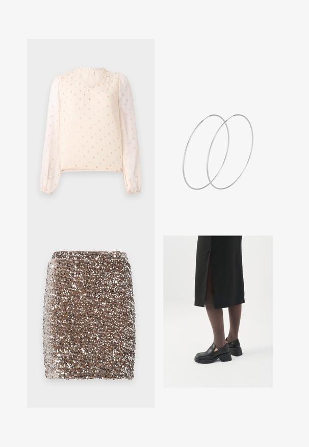 Svetlá broskyňová blúzka s V-výstrihom, priesvitnými balónovými rukávmi a malým metalickým bodkovaným vzorom. Mäkká tkanina s gumičkovými manžetami.; Hnedá mini sukňa so lesklou výšivkou, prispôsobená na telo, pokrytá odrazovými striebornými flitrami, vytvárajúcimi textúrový, trblietavý efekt.; Čierne kožené topánky s okrúhlou špičkou, silným blokovým opätkom a elastickými bočnými akcentmi, skombinované s tmavými pančuchami a čiernou sukňou so štiepením.; Strieborné kruhové náušnice s minimalistickým dizajnom. Cirkulárny tvar, hladký povrch a tenký profil. Ľahké s lesklým povrchom.