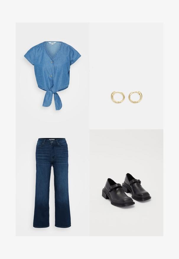 Mėlynas džinsinis viršus su V formos iškirpte, trumpomis rankovėmis ir surištu priekyje. Savybė - du mygtukai ir šiek tiek tekstūruota medžiaga.; ONLY Petite ONLMADISON BLUSH WIDE - Platėjantys džinsai - dark blue denim; Juodos odinės bateliai su apvaliu priekiu, plokščiu padu ir dirželiu su sagtimi. Didelis blokinis kulnas, užtikrinantis papildomą stabilumą.; Auksiniai auskarai su sklandžiu, apvaliu dizainu. Savybės: mažas uždarymo mechanizmas, lengvas įvaizdis ir poliruotas paviršius.