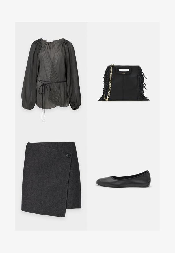Schwarze, plissierte Wickelbluse mit langen, puffärmeligen Ärmeln, einem Bindegürtel und einem leichten, strukturierten Stoff. Runder Knopfakzent am Ärmelbündchen.; Dunkelgrauer Wickelrock aus strukturiertem Stoff, mit einem Knopfverschluss auf der linken Seite und einem asymmetrischen Saum.; Schwarze Leder-Ballettschuhe mit abgerundeter Spitze, glatter Textur, minimalen Nähdetails und einem flexiblen Sohlen-Design.; Schwarze Lederhandtasche mit Fransen-Details, goldener Ketten-Schulterriemen und einem ausgeschnittenen Griff. Mit Logoplatzierung auf der Vorderseite.