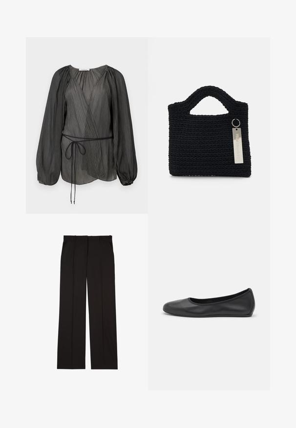 Blusa avvolgente nera plissettata con maniche lunghe a sbuffo, cintura a fiocco e un tessuto leggero e testurizzato. Dettaglio con bottone circolare al polsino.; Pantaloni neri su misura realizzati in un tessuto liscio, con un design a gamba dritta e due tasche laterali. Costruzione elegante e minimalista.; Pantofole da balletto nere in pelle con punta arrotondata, texture liscia, dettagli di cucitura minimi e design con suola flessibile.; Won Hundred MARSIELLE COMPUTER BAG UNISEX - Borsa porta PC - black