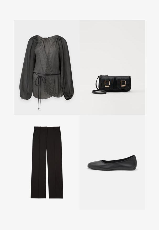Sort, plisseret indpakningsbluse med lange, puffede ærmer, et bindebånd og et letvægts, tekstureret stof. Rund knapaccent ved manchetterne.; Sorte skræddersyede bukser lavet af et glat stof, med et lige ben-design og to sidelommer. Elegant og minimalistisk konstruktion.; Sort læderballetsko med rund tå, glat tekstur, minimal syning og et fleksibelt såldesign.; Sort læder crossbody taske med to frontlommer, guldspænder, lynlåslukning og en slank rem. Struktureret overflade og kompakt rektangulær form.