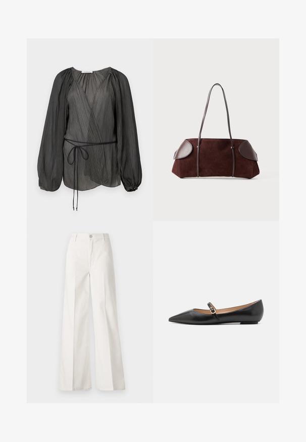 Black pleated wrap blouse featuring long, puffed sleeves, a tie belt, and a lightweight, textured fabric. Circular button accent at the cuff.; White wide-leg trousers made from cotton with a smooth texture. Features a front button, zipper fly, and four-pocket design.; Black leather ballet flats with a pointed toe and a side strap featuring a circular gold accent. Lightweight with a flat sole.; Brown suede bag with leather accents, structured shape, dual shoulder straps, and rounded edges, featuring a smooth texture and minimal hardware.
