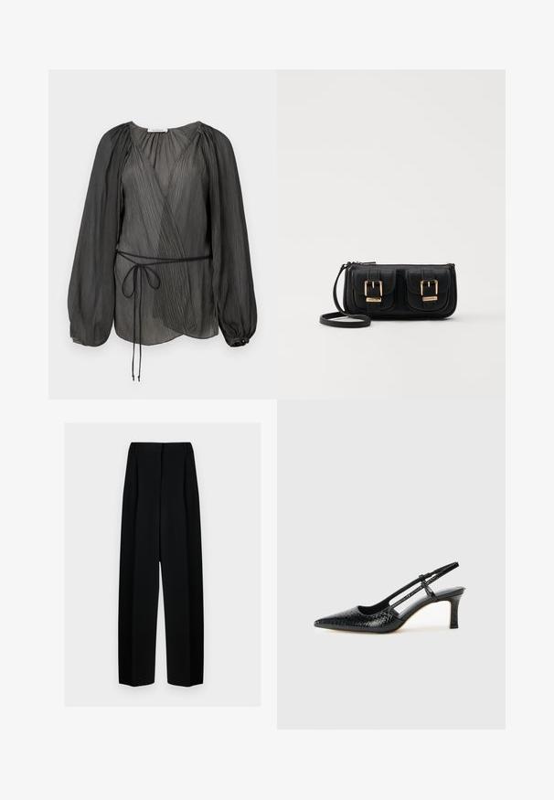 Crna bluzica s plisiranim krojem koja ima duge, nabrašnute rukave, remen za vezanje i laganu, teksturiranu tkaninu. Okrugli gumb kao ukras na manžetama.; Crne široke hlače s visokim strukom, s naborima i glatkom teksturom. Tkanina izgleda lagano i elegantno pada.; Crne lakirane slingback pete s oštrim vrhom, s teksturiranim uzorkom zmijske kože, podesivom remenom i kratkom, teksturiranom blok-petom.; Crna kožna torba preko ramena s dva prednja džepa, zlatnim kopčama, zatvaranjem na zip i uskim remenom. Teksturirana površina i kompaktan pravokutan oblik.