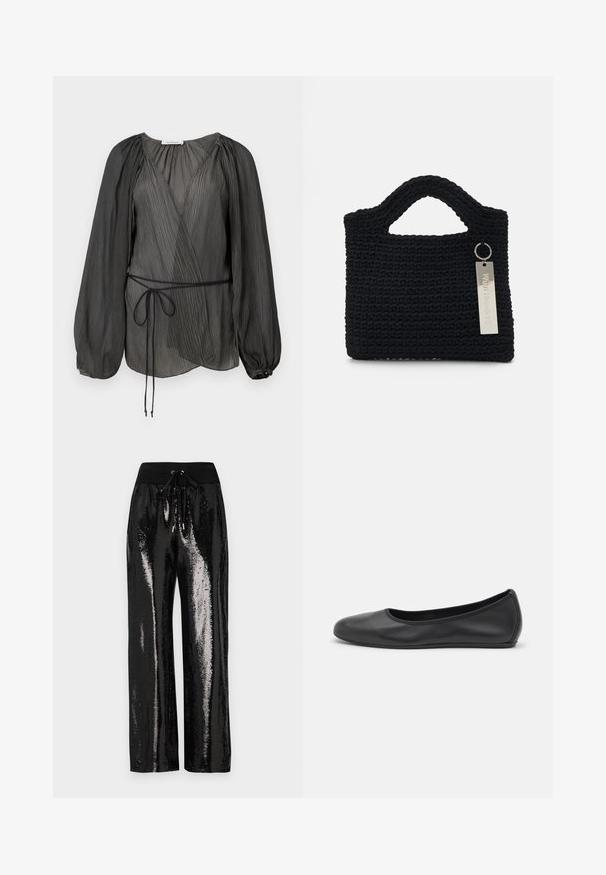 Black pleated wrap blouse featuring long, puffed sleeves, a tie belt, and a lightweight, textured fabric. Circular button accent at the cuff.; Black sequined pants with a wide-leg cut and elastic waistband featuring a drawstring. The fabric has a reflective, shiny texture.; Black leather ballet flat with a rounded toe, smooth texture, minimal stitching detail, and a flexible sole design.; Won Hundred MARSIELLE COMPUTER BAG UNISEX - Laptop bag - black