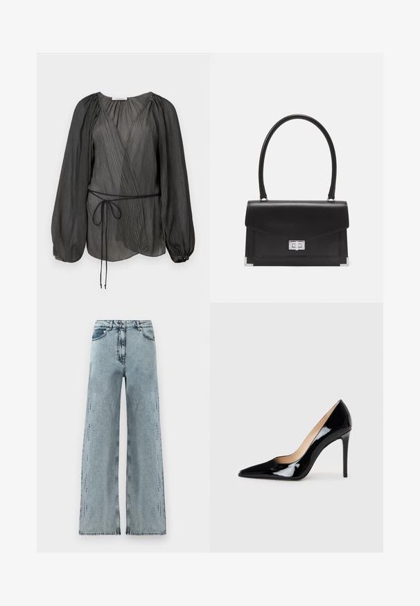 Mustal pleediga ümbritseva pluusi, millel on pikad, puhv-svarvid, seotav vöö ja kerge tekstuuriga kangas. Ümara nupuvajutuse aktsent mansetil.; Heled sinise värvusega laiad teksapüksid, mis on valmistatud denimist, kõrge vöökoht, kerge kulumine ning lahtine lõige sirgete jalgadega.; Must matte musta kõrge kontsaga king, millel on terav varvas ja sujuv siluett. Omab sileda, läikivat viimistlust ja sale stiletto konts.; Mustmust mustkott mustmustu kujundusega, ülemise käepidemega ja hõbedase sulgemisega. Omab nurkades aktsente ja sujuvat tekstuuri.