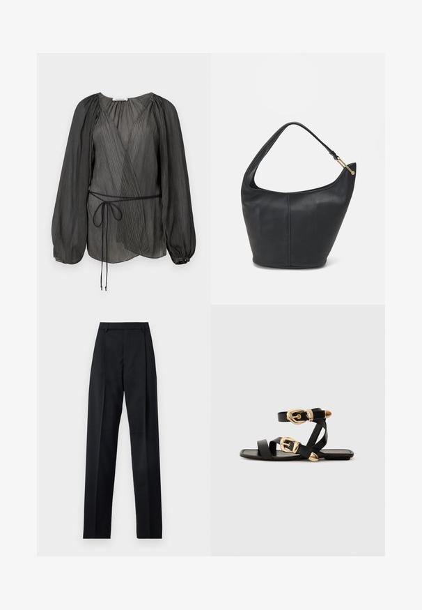 Čierna skladaná blúzka s dlhými vyp puffovanými rukávmi, zaväzovacím pásom a ľahkou textúrovanou látkou. Kruhový gombík ako doplnok na manžete.; Čierne nohavice vyrobené z hladkej látky s vysokým pásom, širokými nohavicami, prednými záhybmi a klasickými pútkami na opasok. Žiadne bočné vrecká nie sú viditeľné.; Čierne kožené sandále so zlatými prackami, s viacerými pásikmi a plochou podrážkou pre otvorené nosenie.; Čierna kožená kabelka zaobleného tvaru, so širokým popruhom a textúrovaným povrchom. Obsahuje jemný šev a zlaté kovanie.